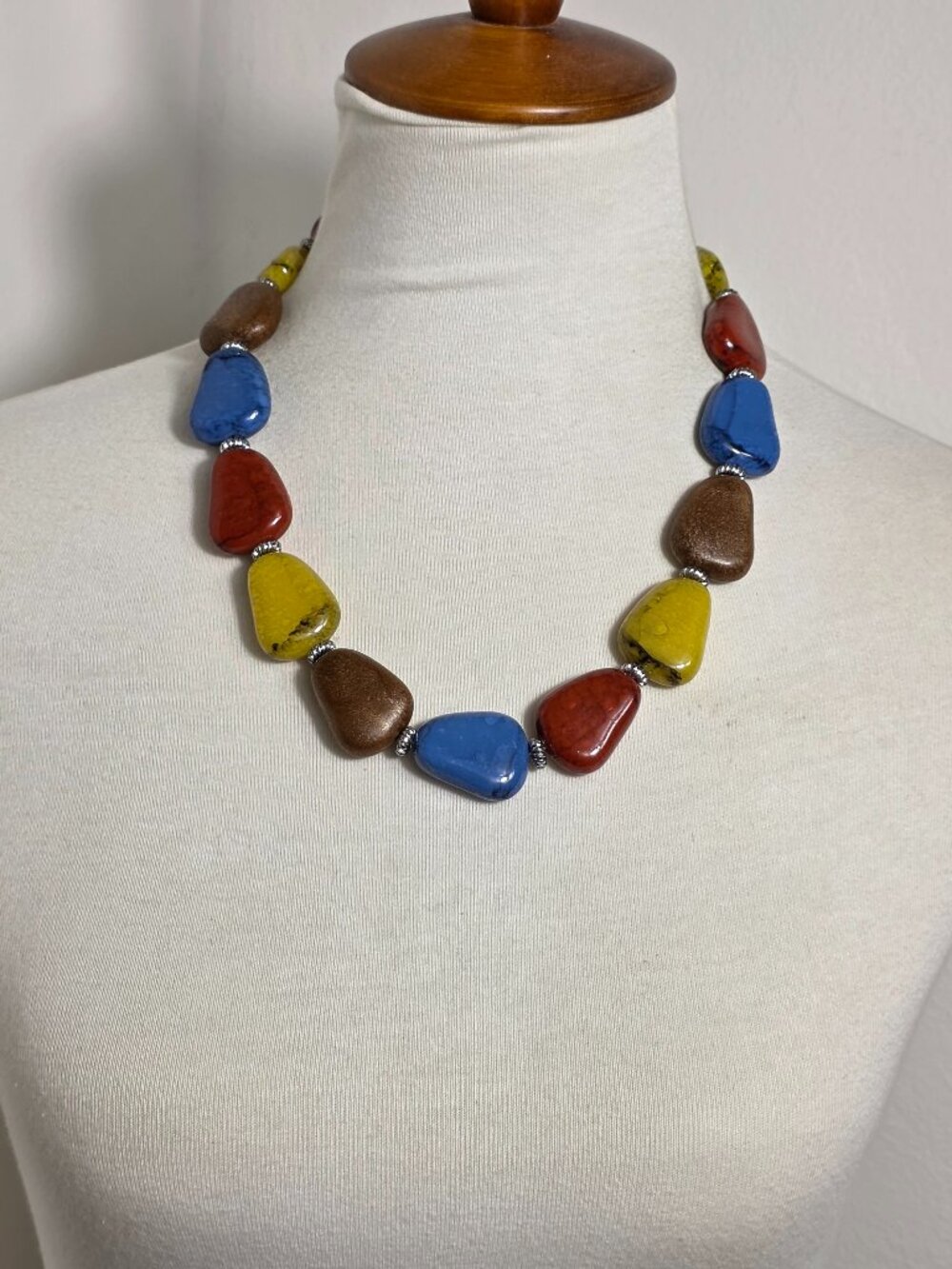 Chunky Multi-Colored Necklace Nugget Shaped Beads with Silver Tone Spacers